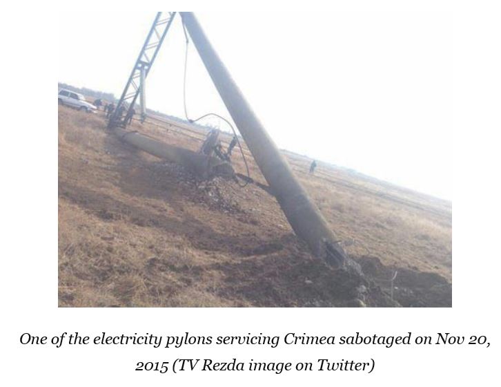 One of the electricity pylons servicing Crimea sabotaged on Nov 20, 2015 (TV Rezda image on Twitter)